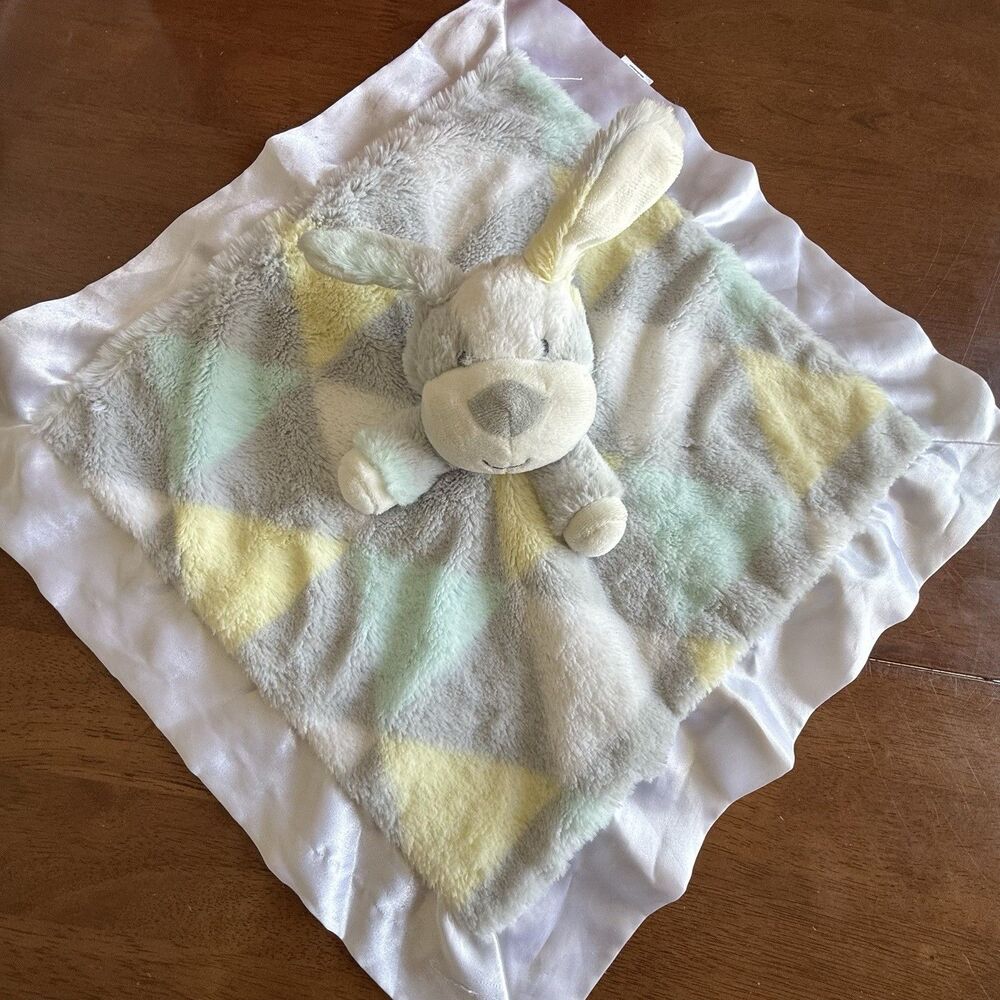 Lovey Fluffy Dog Silk Edge Plush 17 x 17" Baby Essentials Gray Yellow Check